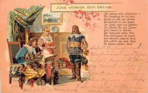 B045 Jung Werner beim Grafen 1903 Mittelalter Gekleideter Mann Magd Schwarze Katze Postkarte