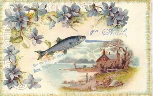 B044 Aprilscherz 1905 Fischhaus Landschaft Veilchen Blume geprägte Postkarte