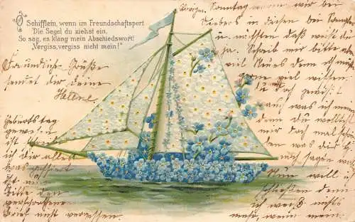 B045 Vergiss mich nicht 1907 Allegorisches Boot der Vergissmeinnicht Blumen Postkarte