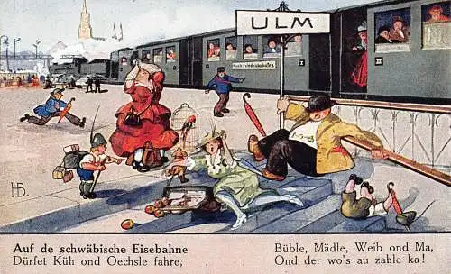 B046 Auf de Schwäbische Eisebahne Bahnhof Ulm Herbst Menschen Comic Postkarte