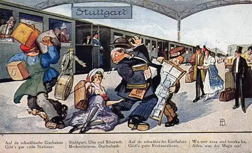 B046 Auf de Schwäbische Eisebahne Bahnhof Stuttgart Eilige Männer Postkarte