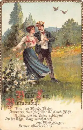 B046 Liebesroman Paar Wandern Natur Vögel Blumen Gedicht Postkarte