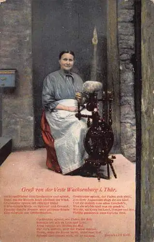 B046 Gruss von Veste Wachsenburg i Thuer Frau webt Vintage Postkarte