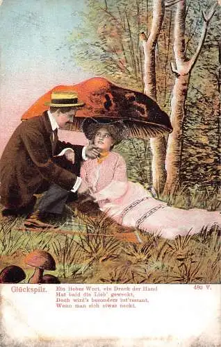 B046 Liebesromantik Fantasy Paar flirtet unter Riesenpilz Glueckspilz Postkarte