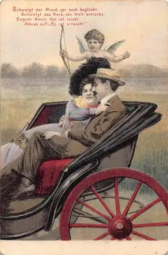 B046 Liebesromantik Amor Cherub Bogen Paar in Kutsche Vintage Postkarte
