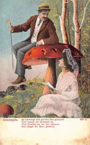 B046 Liebe Romantik Fantasy Riesen Pilz Paar liest Vintage Postkarte