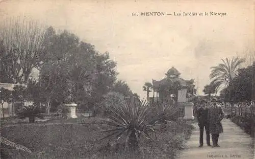 Frankreich Menton Gärten und Kiosk Vintage Postkarte