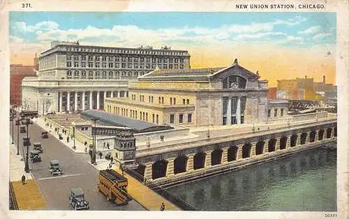 US Chicago New Union Train Station Cars Double Decker Bus Vintage Postkarte