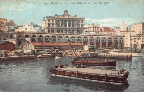 Algerien Algier Palais Konsulaire und Moscheen Boote Vintage Postkarte