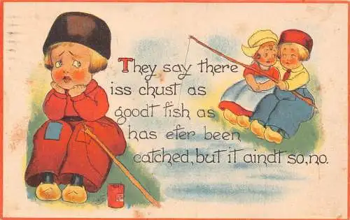Liebesromantik 1913 Trauriges Mädchen schaut Paar Angeln Kinder Postkarte