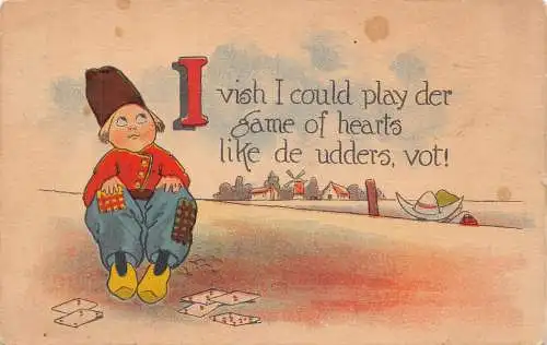 Comic Romance 1914 Dutch Boy Playing Cards Beach Game of Hearts Postkarte