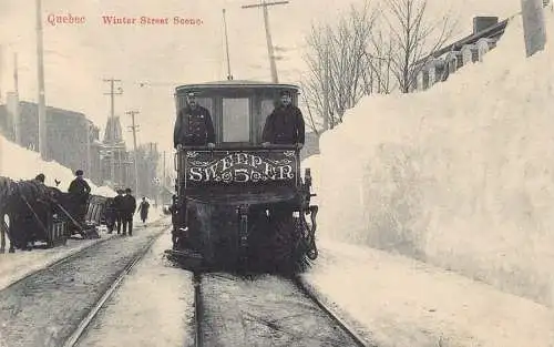 Kanada Quebec 1909 Winter Straßenszene Straßenbahn Pferdeschlitten Vintage Postkarte