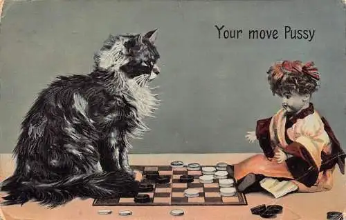 Komische 1907 Puppe spielt englische Dame mit Katze Vintage Postkarte
