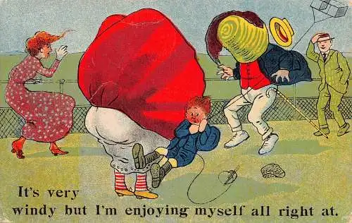 Comic Humor 1921 Sehr windiger Junge weggeblasen von Drachen Familie Kunst Postkarte