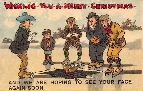 Weihnachten 1911 Skater Junge fiel im Wasser Wintersport Comic Postkarte