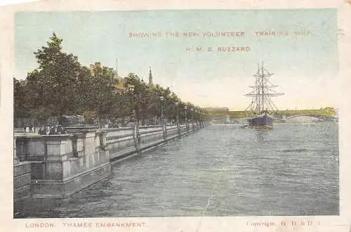 England London Themse Ufer Trainingsschiffe HMS Bussard Vintage Postkarte
