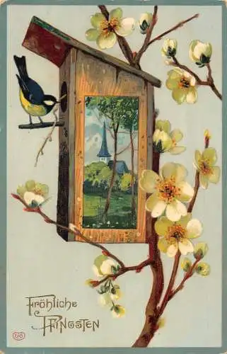 B047 Pfingstgrüße Schwalbe Vogelnest Kirchenansicht Blumen Baum Postkarte