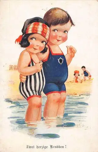 B047 Comic Humor Zwei Herzige Krabben! Postkarte Kinder Paar am Strand Krabben