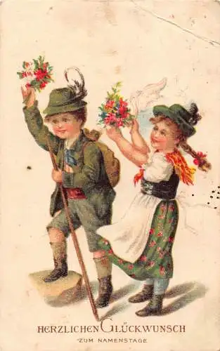 B047 Namenstag Grüße Deutsche Tracht Kinder Blumen Postkarte