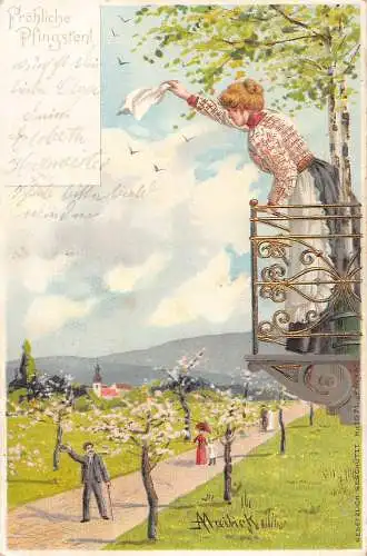 B047 Pfingstgrüße 1905 Frau winkt Liebhaber vom Balkon Litho Postkarte