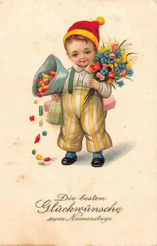 B047 Namenstag Grüße Junge hält Blumenstrauß Geschenke Bonbons Postkarte