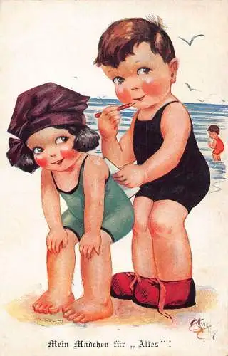 B047 Comic Humor Kinder am Strand Schreiben Brief Mein Maedchen Alles Postkarte