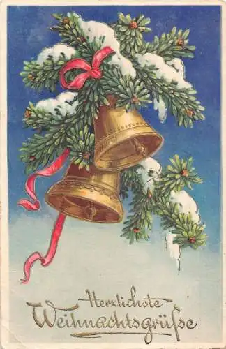 B048 Weihnachtsgrüße Glocken Tannenzweig Band geprägt Vintage Postkarte