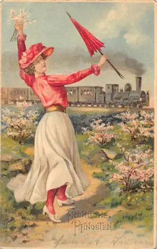 B047 Pfingstgrüße 1905 Dampflok Frau tanzt Prägepostkarte
