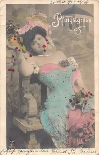 B047 Pfingstgrüße 1903 Glamour Frau posiert Meerjungfrau Kleid Postkarte