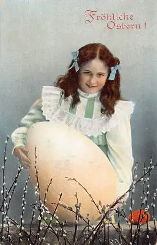 B048 Ostergrüße 1907 Mädchen halten Riesenei Muschi Weide Vintage Postkarte