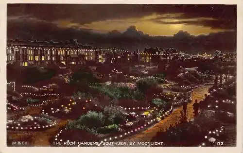 England 1934 Rock Gardens Southsea By Moonlight Hand Painted RPPC Postcard
