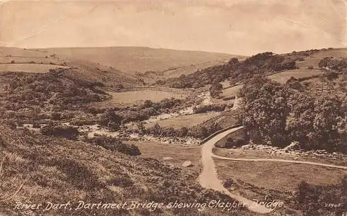 England River Dart Dartmeet Bridge zeigt Clapper Bridge Vintage Postkarte