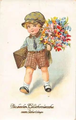 B048 Geburtstagsgrüße 1930 blonder Junge mit Blumenstrauß Vintage Postkarte