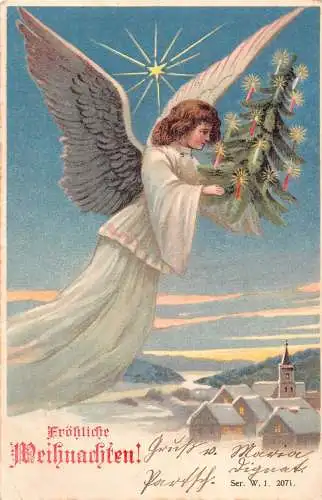 B048 Weihnachtsgrüße 1907 Engel fliegt mit Kerzenbaum über Stadt Postkarte