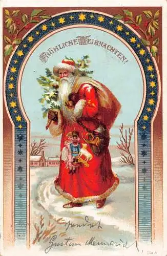 B048 Weihnachtsgrüße 1904 Weihnachtsmann im roten Gewand Spielzeug Trompete Heiliger Baum Postkarte