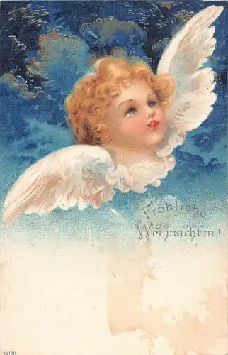 B048 Weihnachtsgrüße Cherub Portrait in Wolken Litho Vintage Postkarte