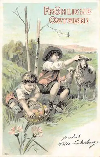 B048 Ostergrüße 1902 Jungen ruhen im Gras Schaf Eierkorb Prägepostkarte