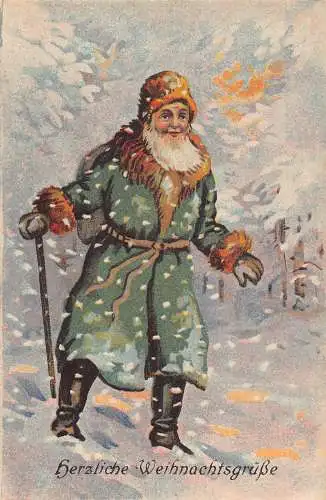 B048 Weihnachtsgrüße Weihnachtsmann im grünen Gewand im Schneesturm Postkarte