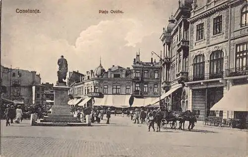B050 Rumänien Constanta Piata Ovidiu Platz Hotel Europa Statue Kutsche Postkarte