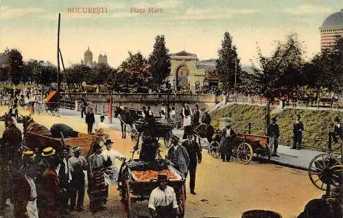 B050 Rumänien Bucuresti Bukarest Piata Mare Platz Verkäufer Kutsche Postkarte