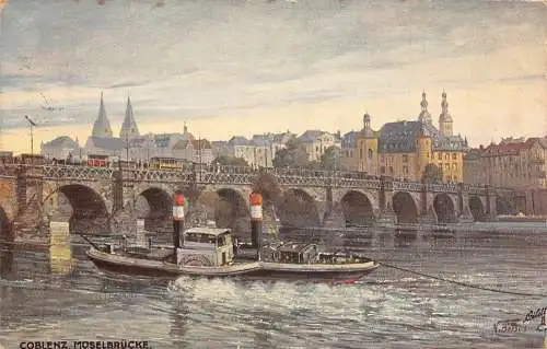 A103 Deutschland 1914 Koblenz Moselbrücke Dampfschiff Gemälde Beraud Postkarte