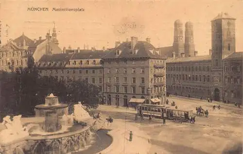 A105 Deutschland 1909 München Maximiliansplatz Platz Straßenbahn Brunnen Postkarte