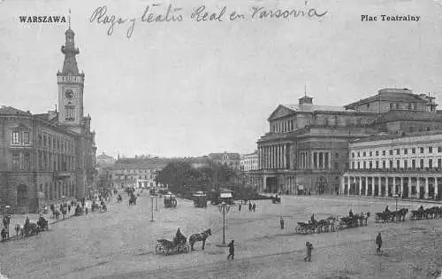 B051 Polen Warschau Warszawa Plac Teatralny Square Carriages Vintage Postkarte