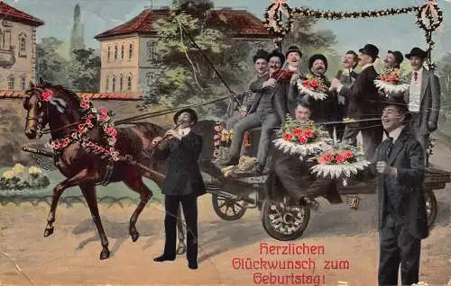 B045 Geburtstagsgrüße Fanfare spielen Geige Trompete in Kutsche Rose Postkarte