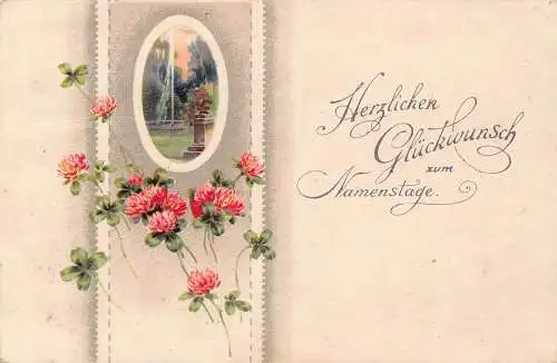 B045 Namenstag Grüße 1925 Brunnenansicht Blumen Kleeblatt Postkarte