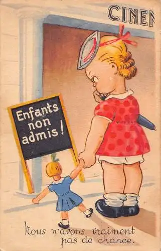 B047 Comic Humor Mädchen und Puppe im Kino Kinder nicht erlaubt Postkarte