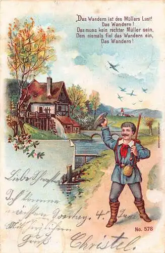 B046 Reisender hält an der Wassermühle Landschaft Vögel 1899 Vintage Postkarte