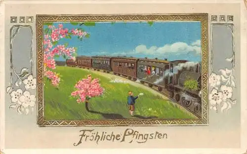 B045 Pfingstgrüße Junge Wellen Dampfzug Blumen Passepartout Postkarte