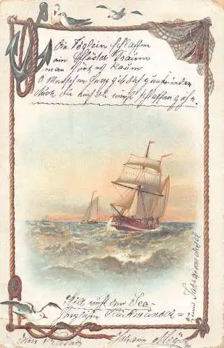 B048 Sea Life 1899 Segelboot Möwen Anker Fischnetz Vintage Postkarte