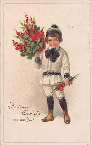 B047 Neujahrsgrüße 1922 Blumenstrauß Junge im Matrosenähnlichen Kostüm Postkarte